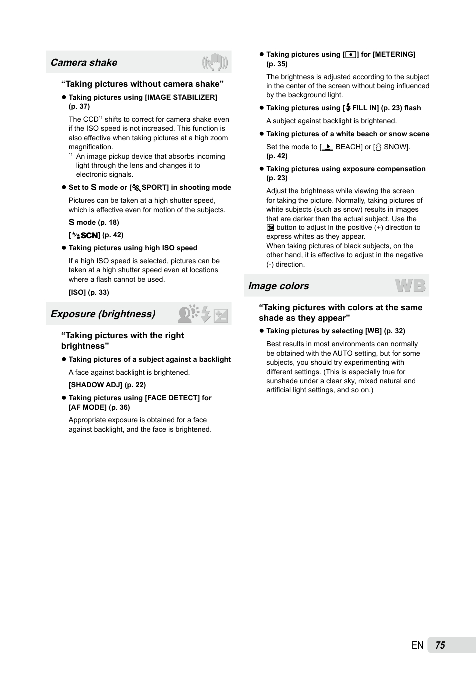 Camera shake, Exposure (brightness), Image colors | Olympus SP-565 UZ User Manual | Page 75 / 92