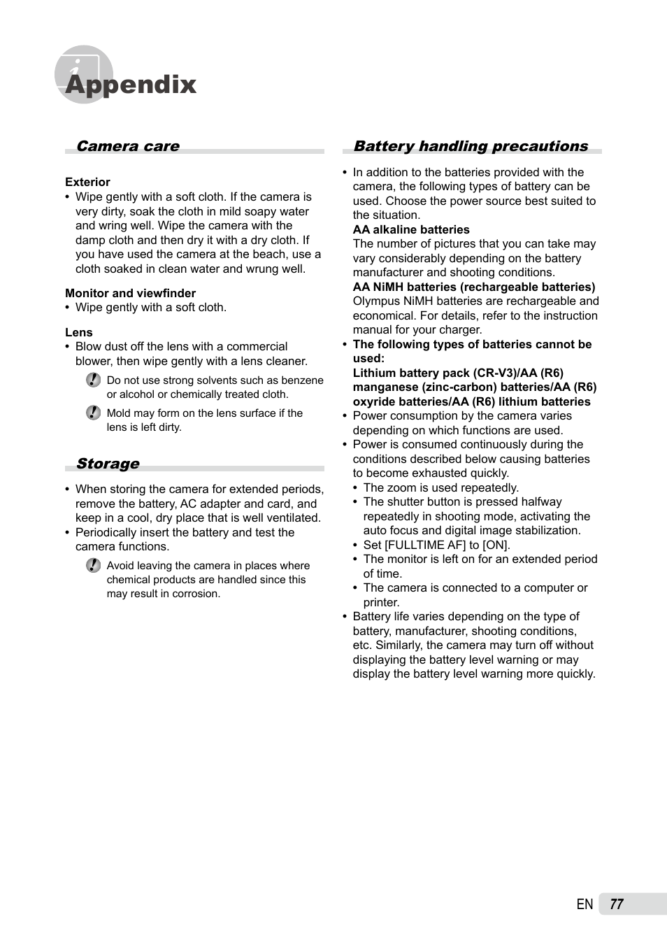 Appendix, Camera care, Storage | Battery handling precautions | Olympus SP-565 UZ User Manual | Page 77 / 92