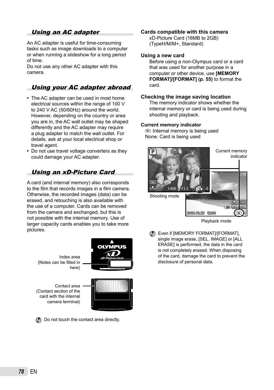 Using an ac adapter, Using your ac adapter abroad, Using an xd-picture card | En using an ac adapter | Olympus SP-565 UZ User Manual | Page 78 / 92