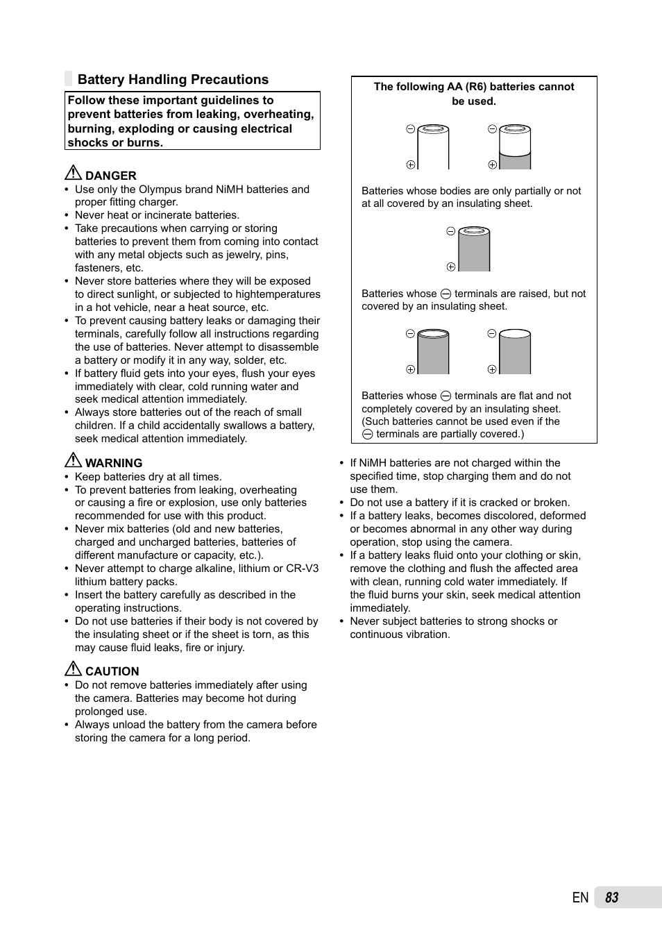 Battery handling precautions | Olympus SP-565 UZ User Manual | Page 83 / 92