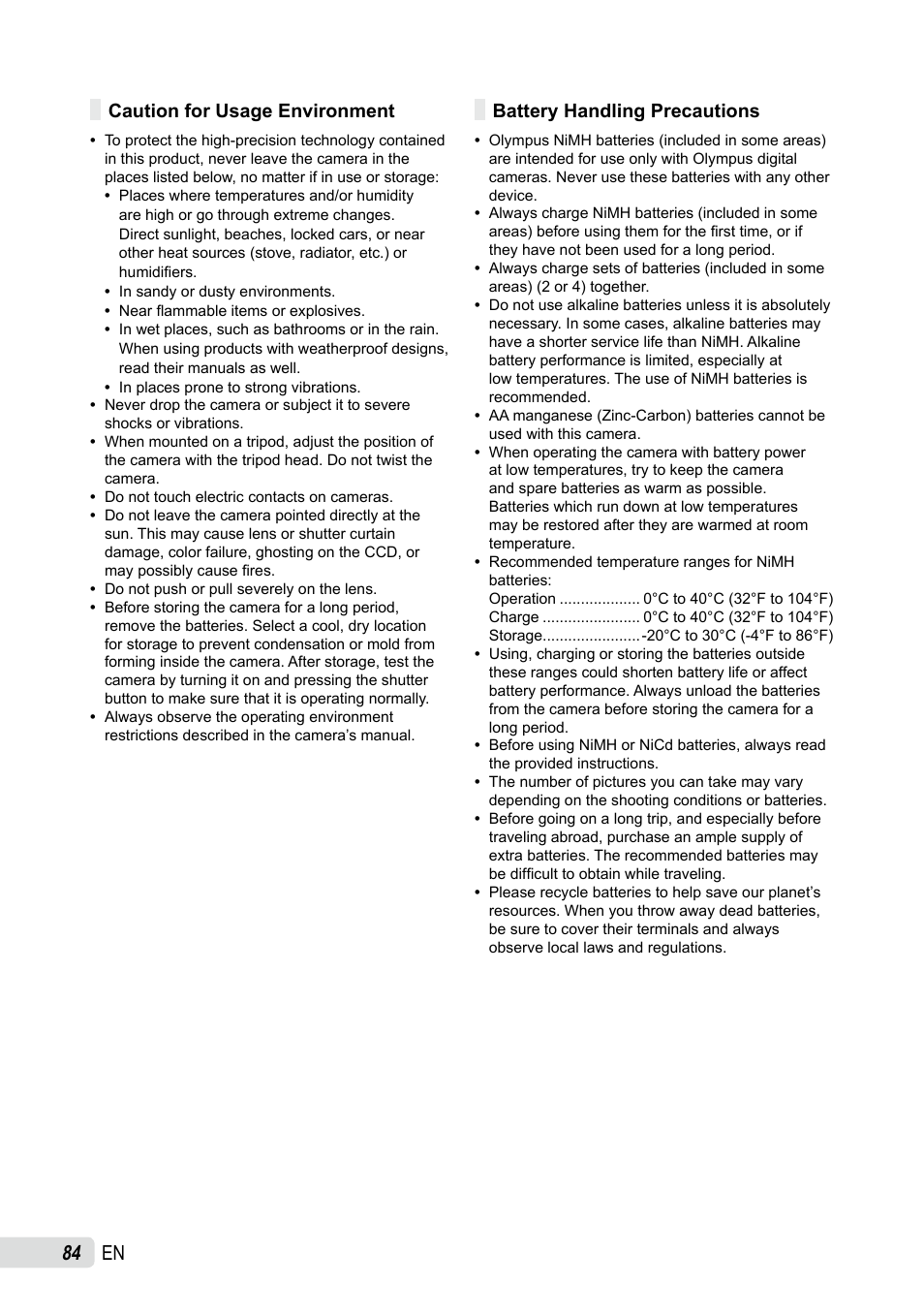 Caution for usage environment, Battery handling precautions | Olympus SP-565 UZ User Manual | Page 84 / 92