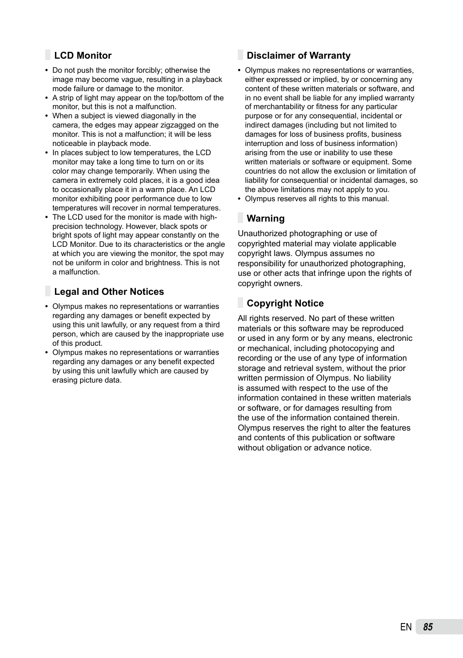 Lcd monitor, Legal and other notices, Disclaimer of warranty | Warning, Copyright notice | Olympus SP-565 UZ User Manual | Page 85 / 92