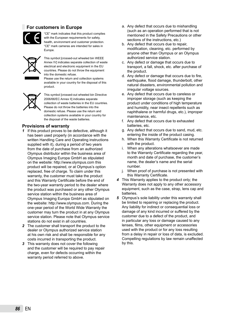 For customers in europe | Olympus SP-565 UZ User Manual | Page 86 / 92