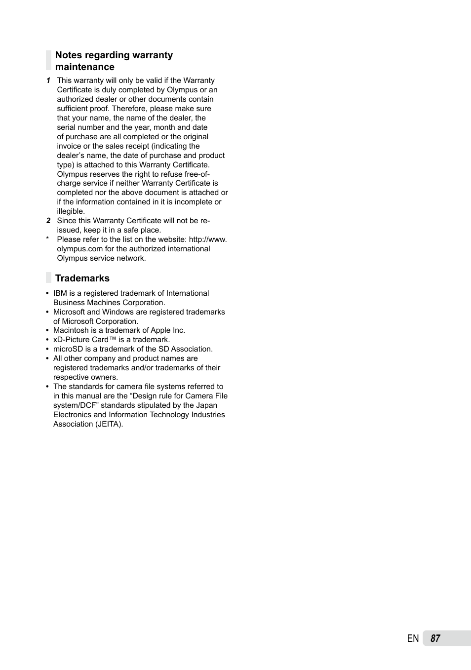 Notes regarding warranty maintenance, Trademarks | Olympus SP-565 UZ User Manual | Page 87 / 92