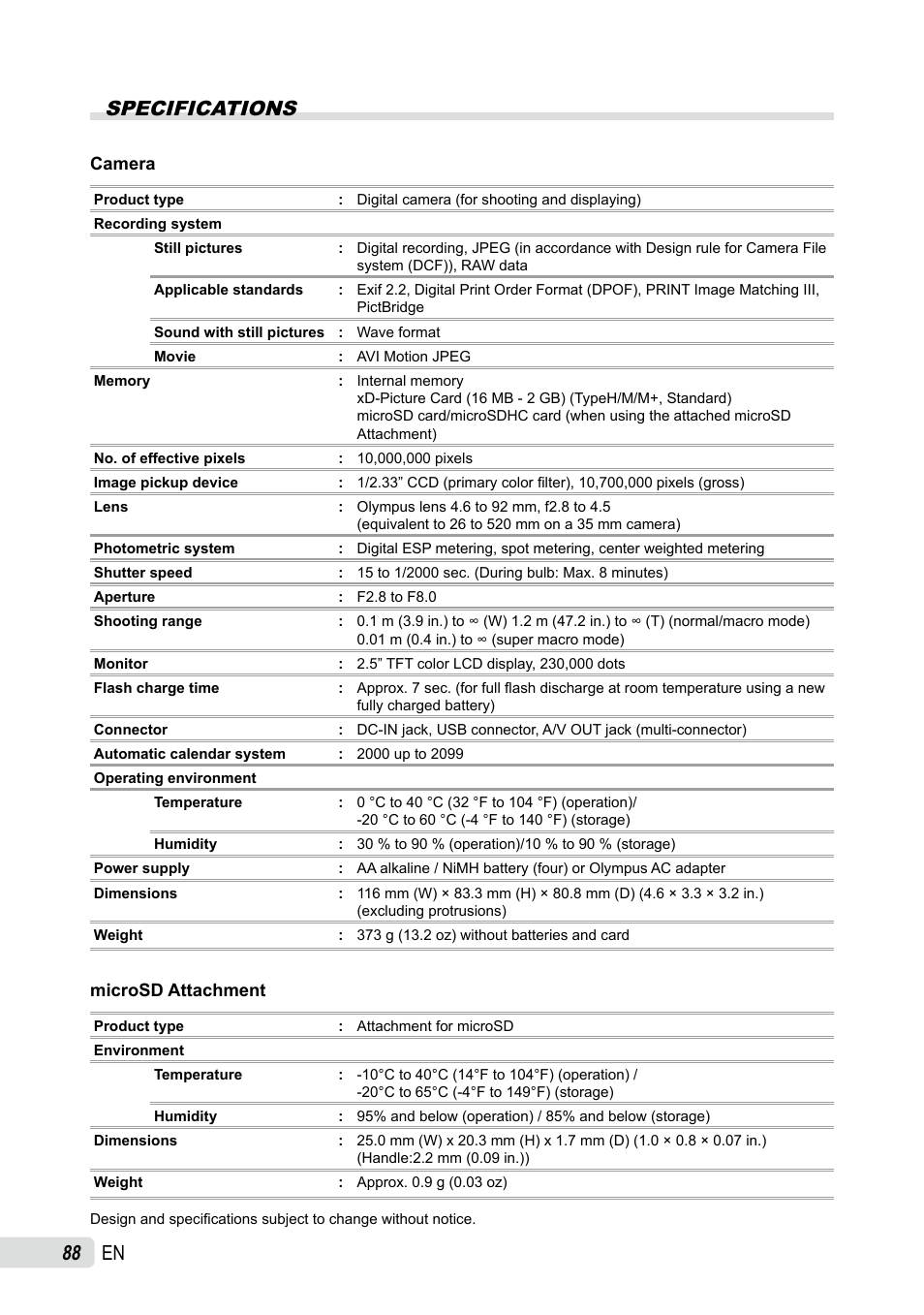 Specifications, En specifications | Olympus SP-565 UZ User Manual | Page 88 / 92