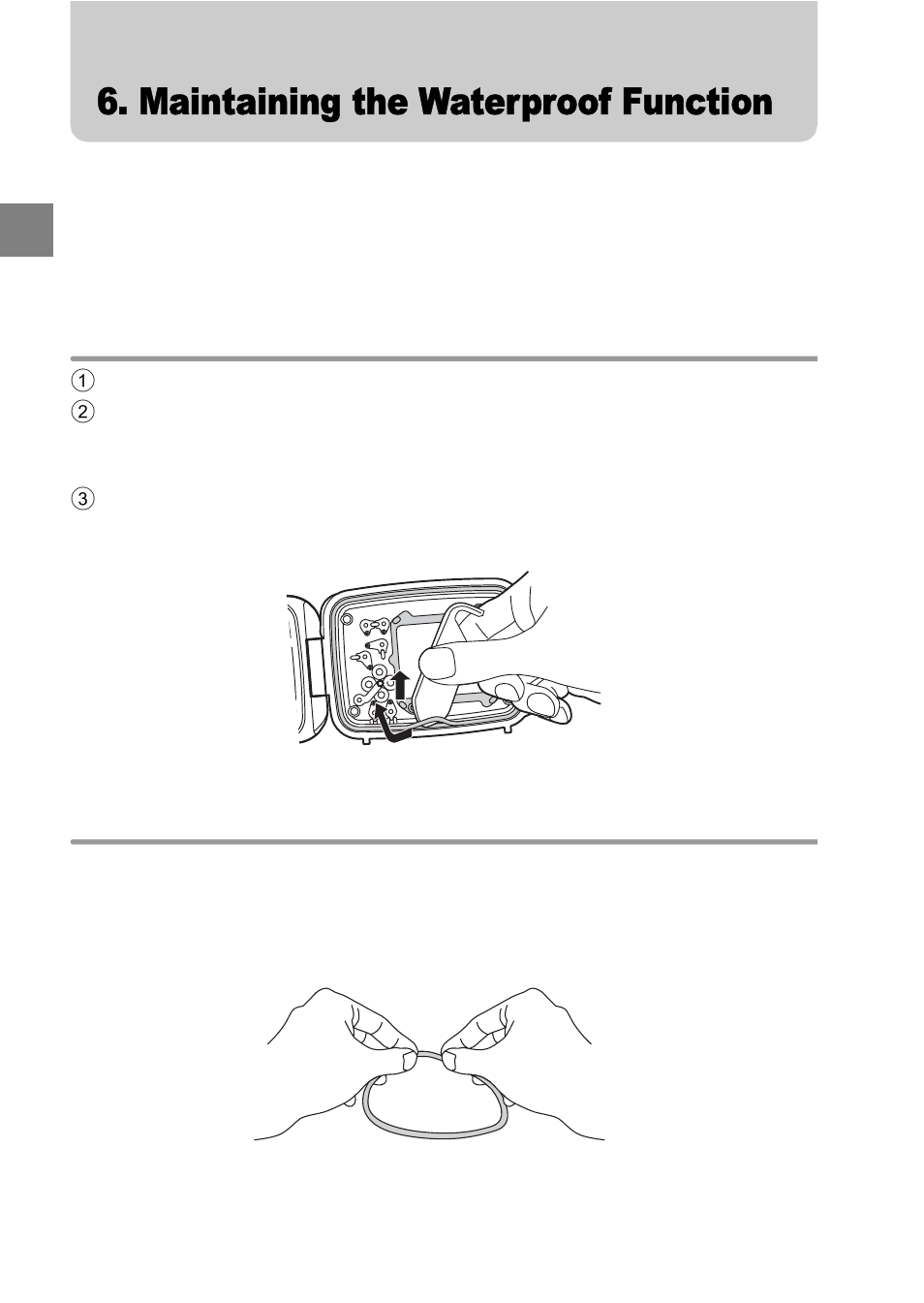 Maintaining the waterproof function, Remove the o-ring remove any sand, dirt, etc | Olympus PT 048 User Manual | Page 24 / 31