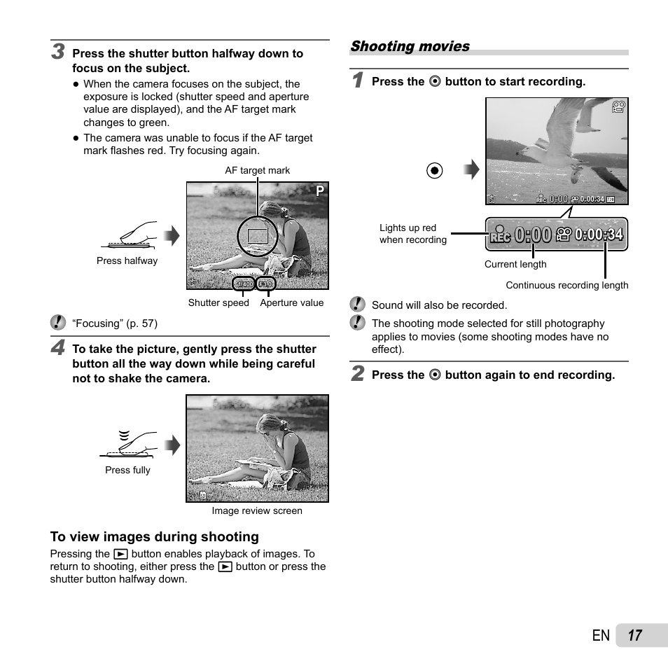 17 en, Shooting movies | Olympus VR-360 User Manual | Page 17 / 77