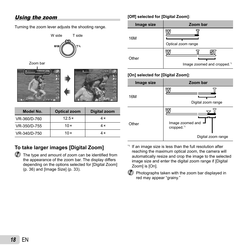 18 en, Using the zoom, Turning the zoom lever adjusts the shooting range | Other | Olympus VR-360 User Manual | Page 18 / 77