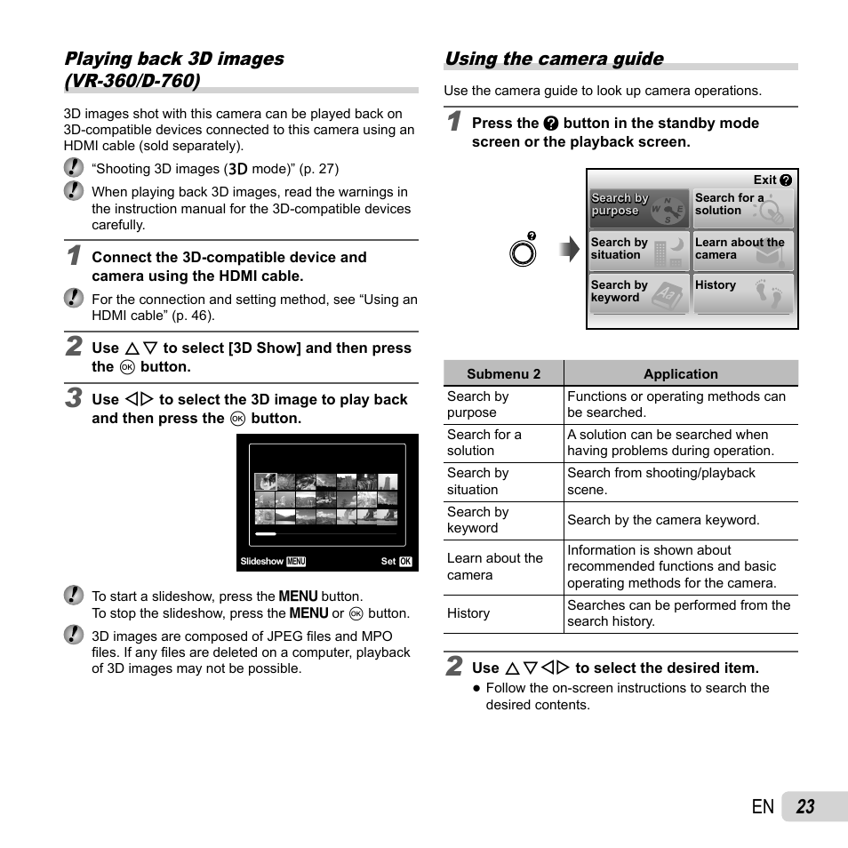 23 en, Using the camera guide | Olympus VR-360 User Manual | Page 23 / 77