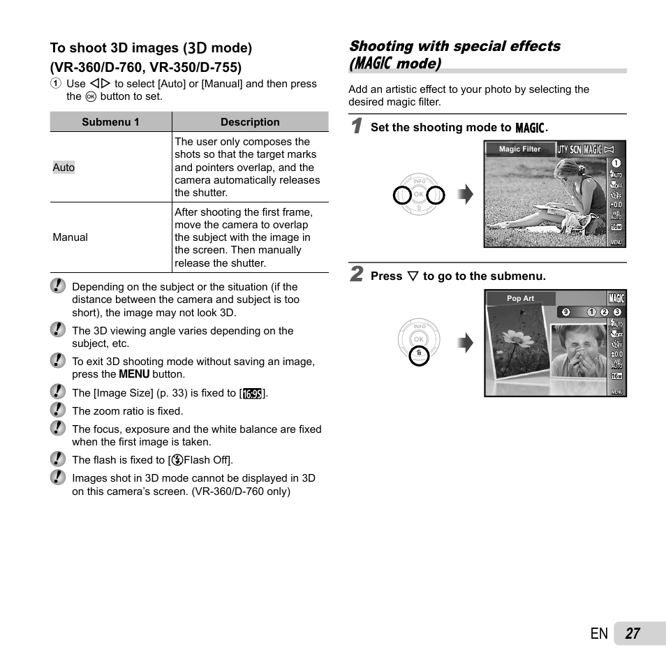 27 en, Shooting with special effects ( p mode) | Olympus VR-360 User Manual | Page 27 / 77