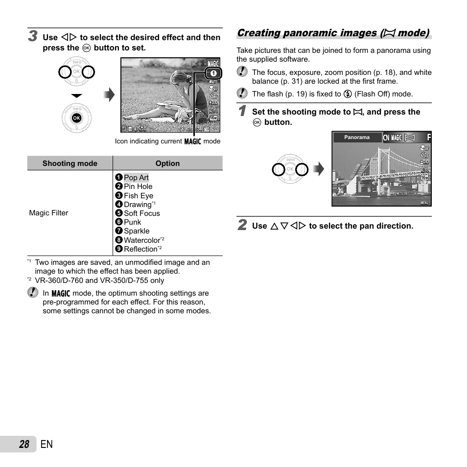 28 en, Creating panoramic images ( ~ mode) | Olympus VR-360 User Manual | Page 28 / 77