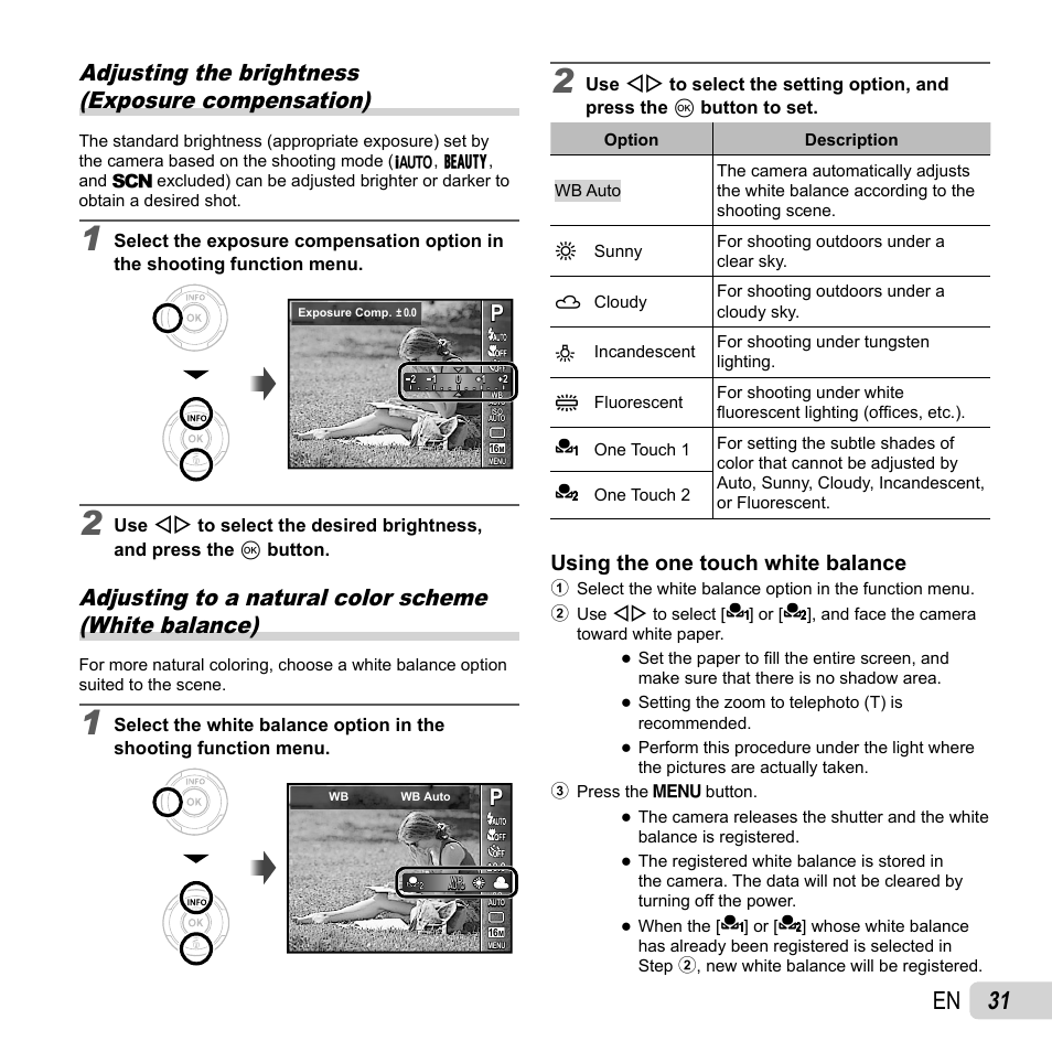 31 en, Adjusting the brightness (exposure compensation), Using the one touch white balance | Olympus VR-360 User Manual | Page 31 / 77