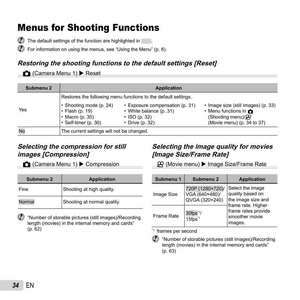 Menus for shooting functions, 34 en | Olympus VR-360 User Manual | Page 34 / 77