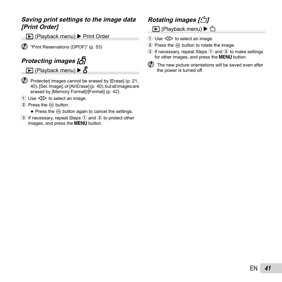 41 en, Protecting images [ protecting images [ r r, Rotating images [ rotating images [ y y | Olympus VR-360 User Manual | Page 41 / 77