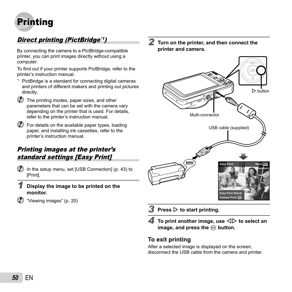 Printing, 50 en, Direct printing (pictbridge | Olympus VR-360 User Manual | Page 50 / 77