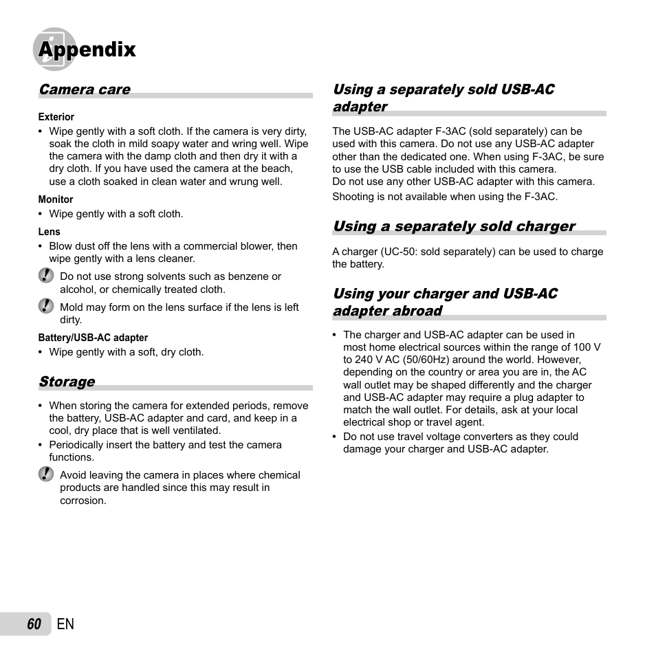 Appendix, 60 en, Camera care | Storage, Using a separately sold usb-ac adapter, Using a separately sold charger, Using your charger and usb-ac adapter abroad | Olympus VR-360 User Manual | Page 60 / 77