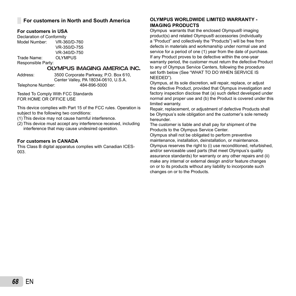 68 en | Olympus VR-360 User Manual | Page 68 / 77