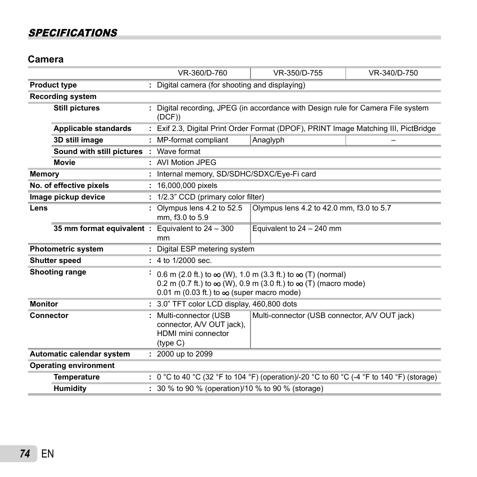 74 en, Specifications, Camera | Olympus VR-360 User Manual | Page 74 / 77