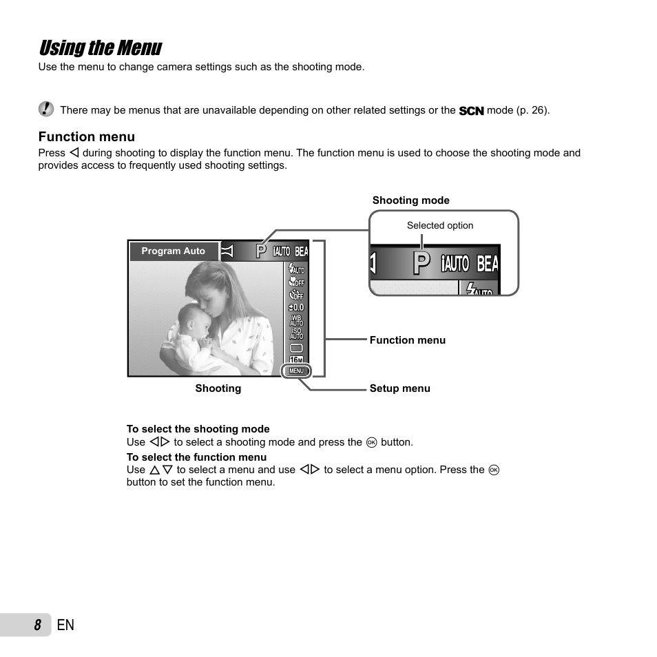 Using the menu, 8 en | Olympus VR-360 User Manual | Page 8 / 77