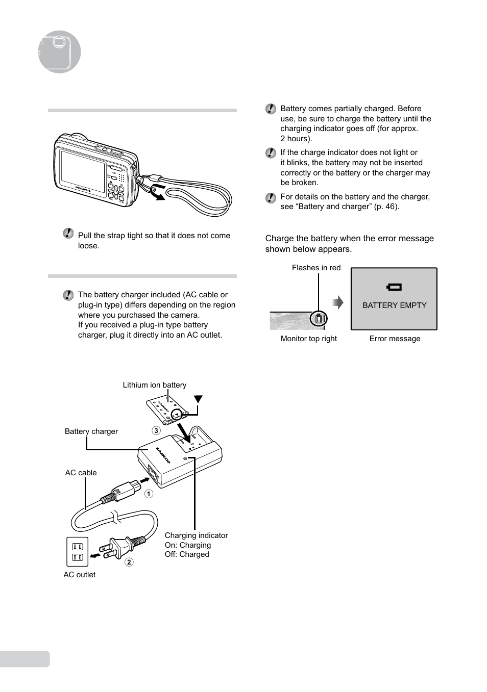 Preparing the camera, Attaching the camera strap, Charging the battery | 10 en | Olympus µ-550WP User Manual | Page 10 / 62