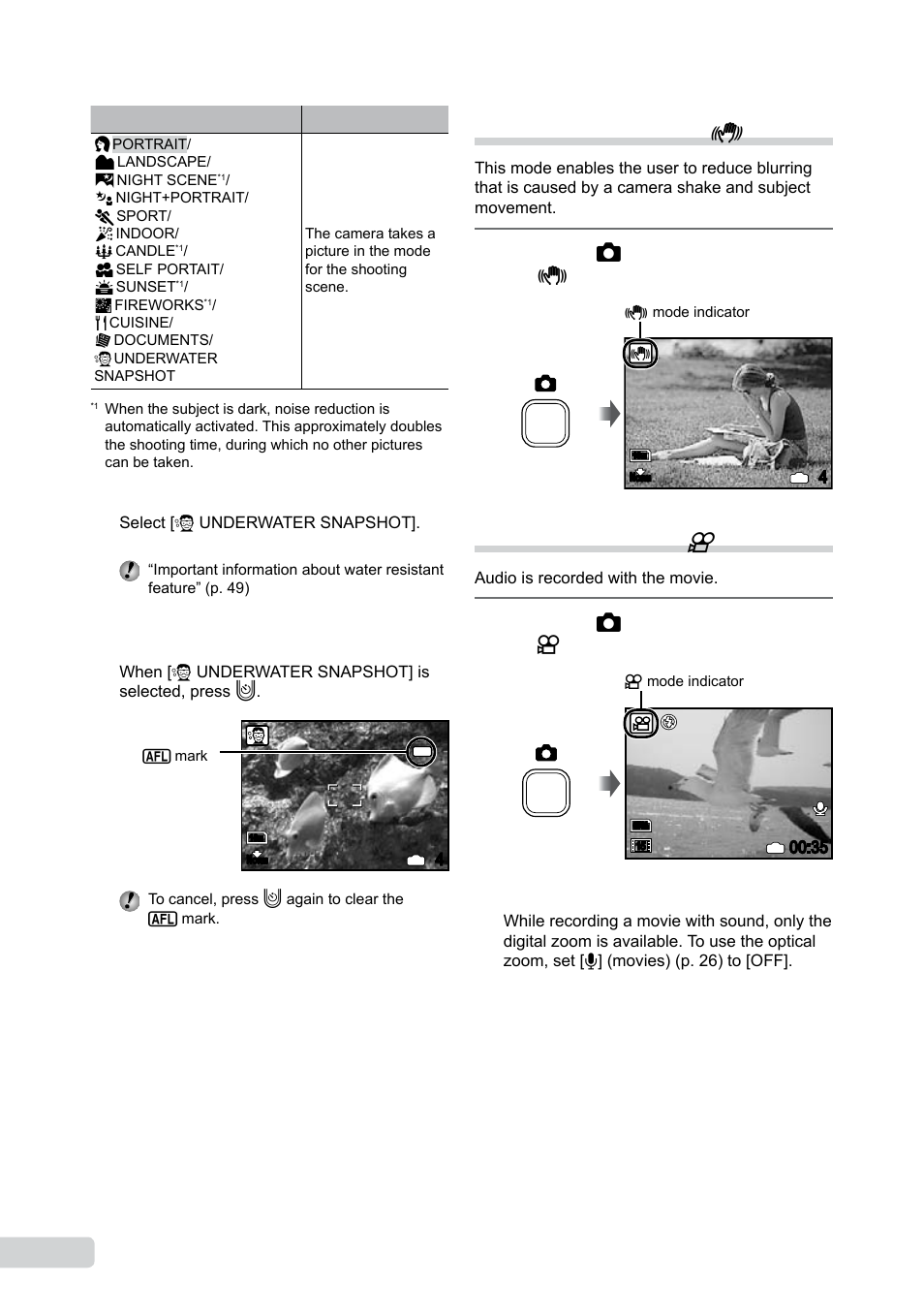 Using the digital image stabilization mode, Shooting movies, Shooting movies (n mode) | Press the k button a few times to set h, Press the k button a few times to set n | Olympus µ-550WP User Manual | Page 18 / 62