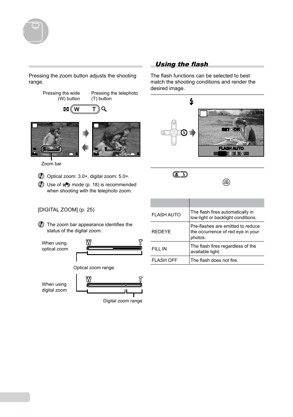Using shooting functions, Using the optical zoom, Using the flash | 0 en using the flash, Press the # button | Olympus µ-550WP User Manual | Page 20 / 62