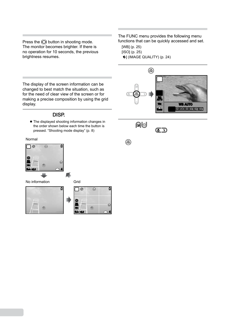 Changing the shooting information display, Using the func menu, Press the g button | Press the o button | Olympus µ-550WP User Manual | Page 22 / 62