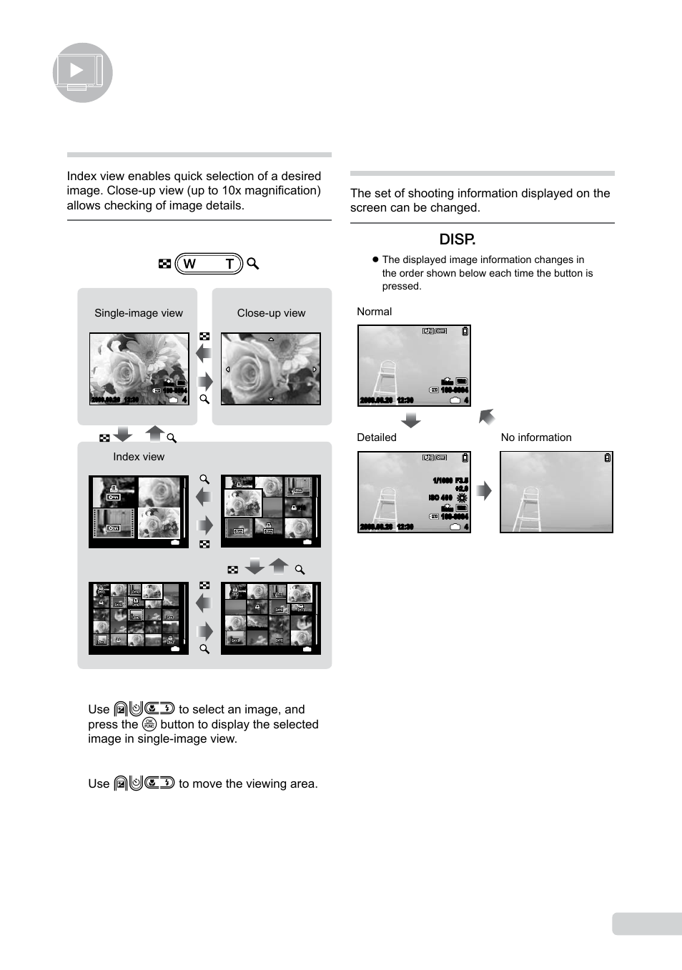 Using playback features, Index view and close-up view, Changing the image information display | Press the zoom button, Press the g button, Use abcd to move the viewing area | Olympus µ-550WP User Manual | Page 23 / 62
