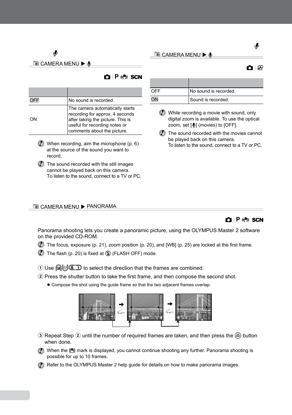 Recording sound when shooting still images, Selecting sound setting for movies, Creating panoramic images | Recording sound when shooting still images [ r, Creating panoramic images [panorama, Selecting sound setting for movies [ r | Olympus µ-550WP User Manual | Page 26 / 62