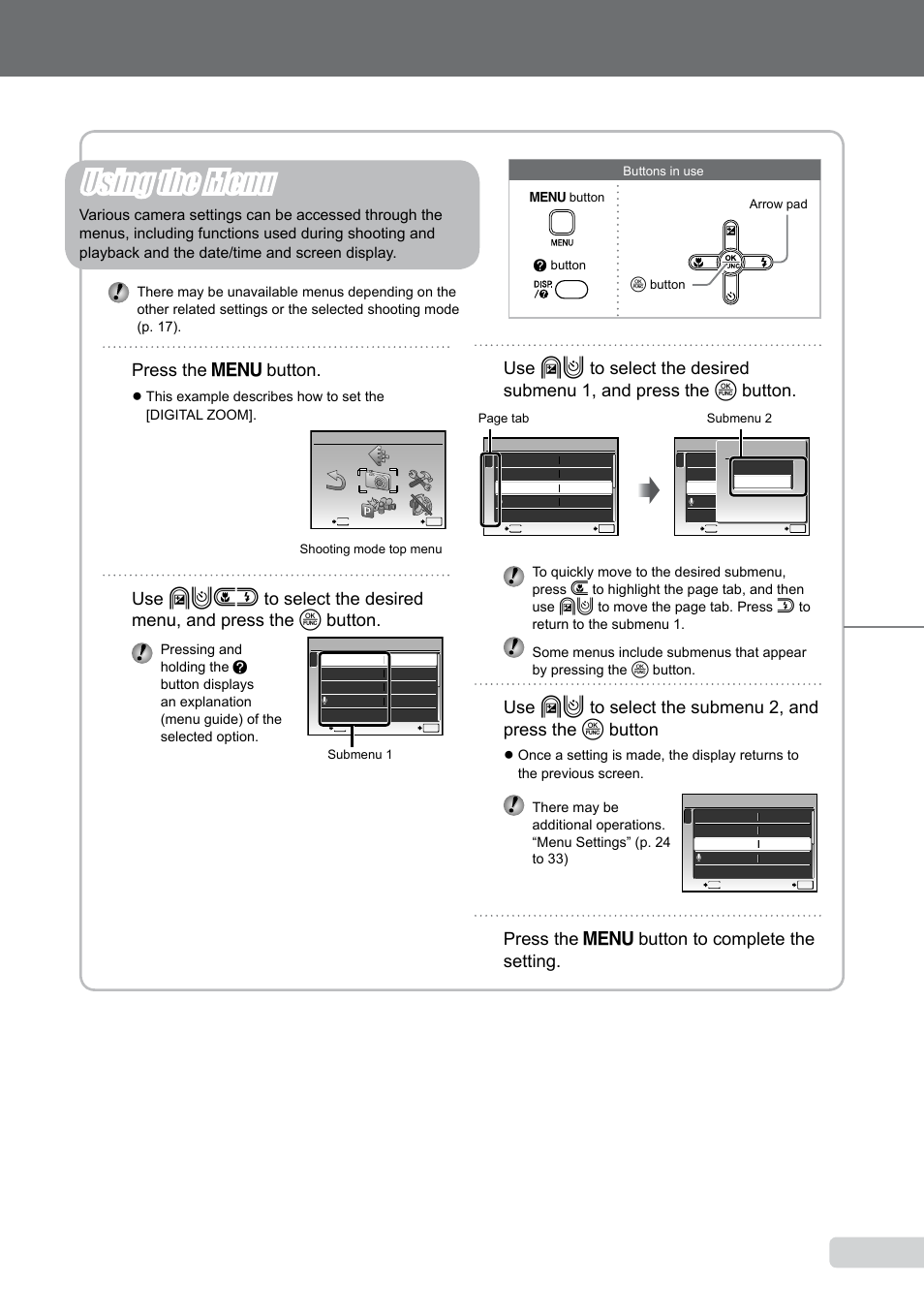 Using the menu, Three types of setting operations, Press the  button | Press the  button to complete the setting | Olympus µ-550WP User Manual | Page 3 / 62