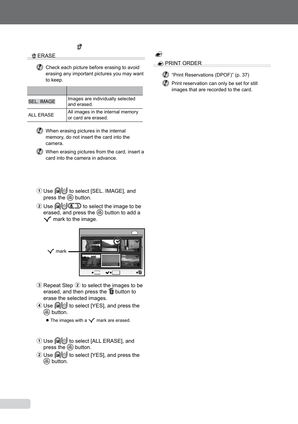 Erasing images, Saving print settings to the image data, 0 en | Erasing images [ k erase | Olympus µ-550WP User Manual | Page 30 / 62