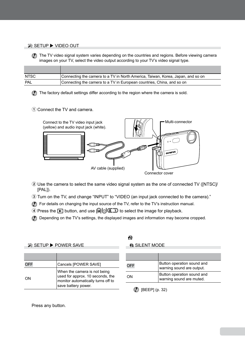 Selecting the video signal system to match your tv, Saving battery power between shots, Turning off the camera sounds | Saving battery power between shots [power save, Turning off the camera sounds [ f silent mode | Olympus µ-550WP User Manual | Page 33 / 62