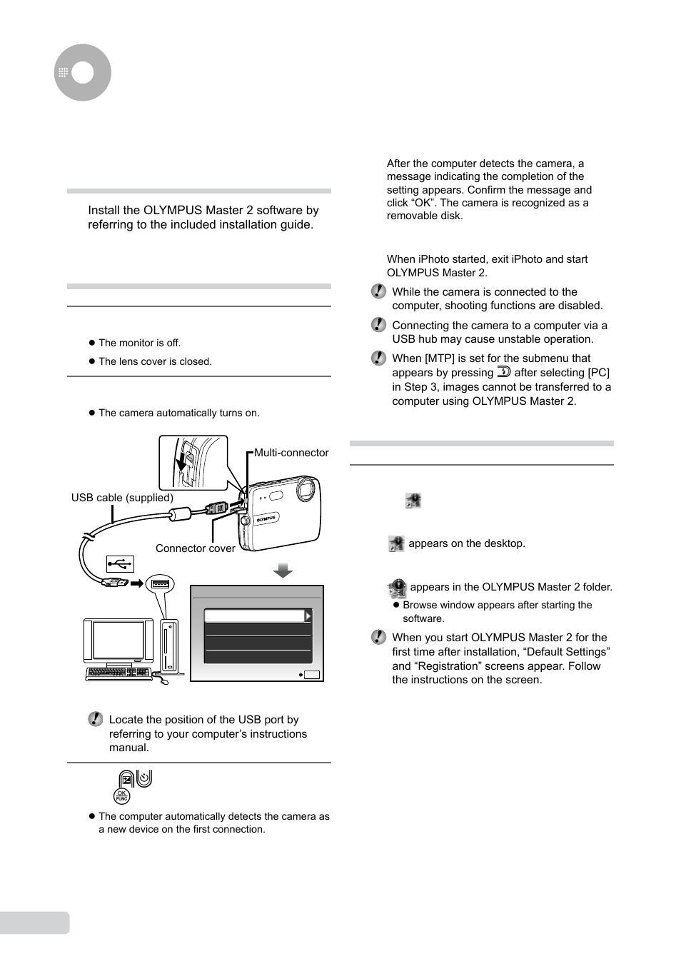Using olympus master 2, Connecting the camera to a computer, Starting olympus master 2 | 0 en | Olympus µ-550WP User Manual | Page 40 / 62