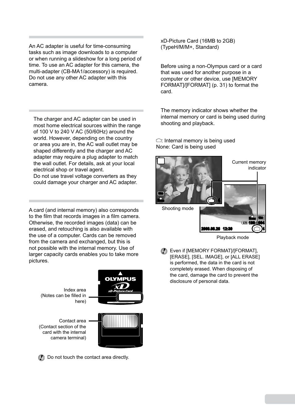Using an ac adapter, Using your charger and ac adapter abroad, Using an xd-picture card | En using an ac adapter | Olympus µ-550WP User Manual | Page 47 / 62