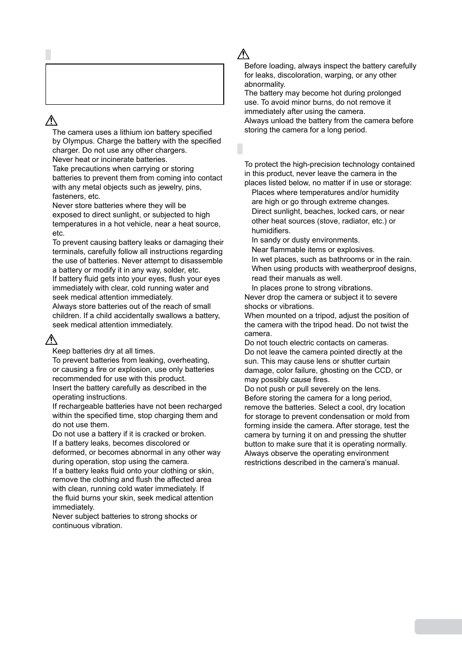 Battery handling precautions, Caution for usage environment | Olympus µ-550WP User Manual | Page 53 / 62