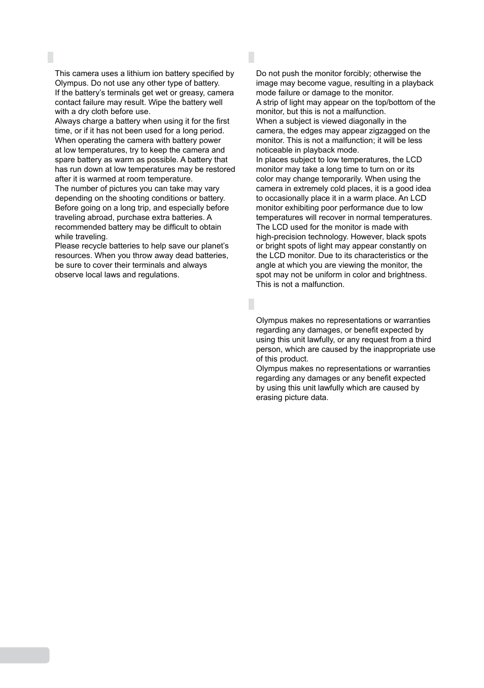 Battery handling precautions, Lcd monitor, Legal and other notices | Olympus µ-550WP User Manual | Page 54 / 62
