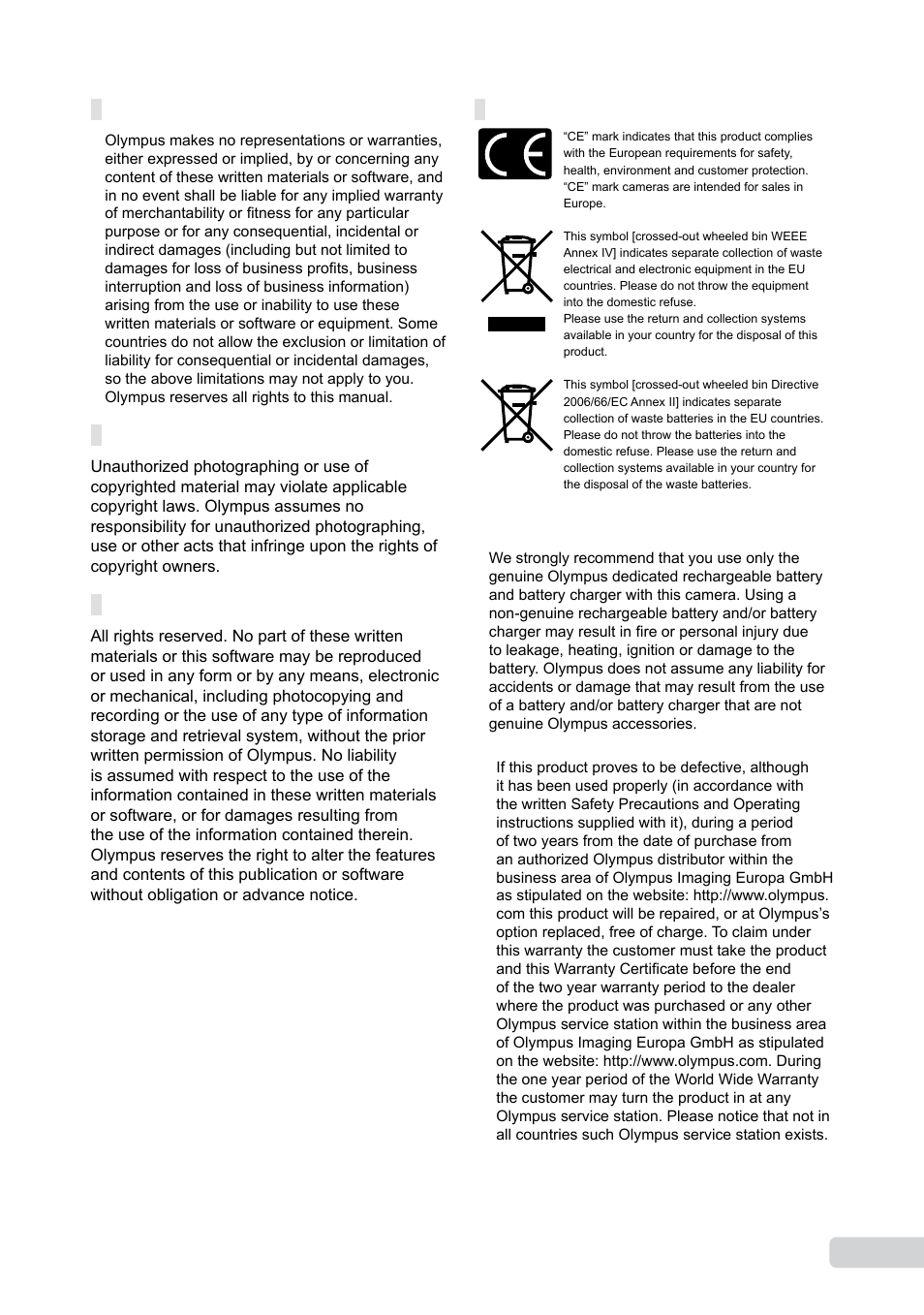 Disclaimer of warranty, Warning, Copyright notice | For customers in europe | Olympus µ-550WP User Manual | Page 55 / 62