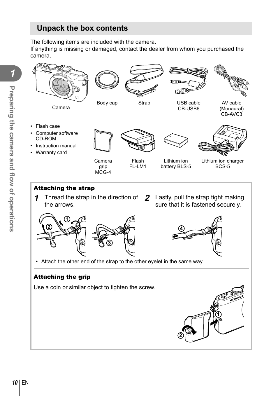 Unpack the box contents, Preparing the camera and fl ow of operations | Olympus EPL5 User Manual | Page 10 / 133