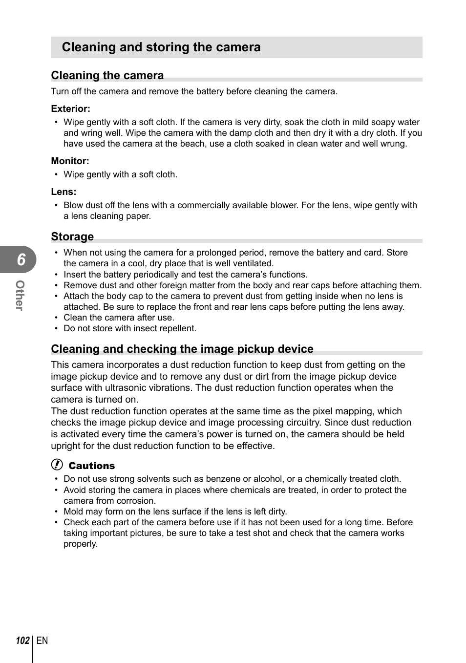 Cleaning and storing the camera | Olympus EPL5 User Manual | Page 102 / 133