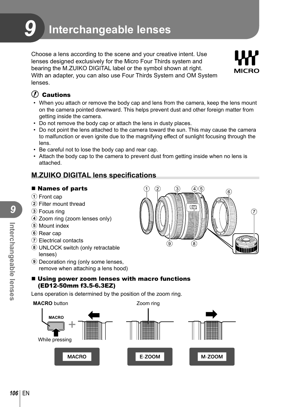 Interchangeable lenses | Olympus EPL5 User Manual | Page 106 / 133