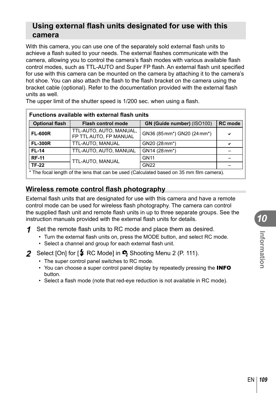 Information, Wireless remote control fl ash photography | Olympus EPL5 User Manual | Page 109 / 133