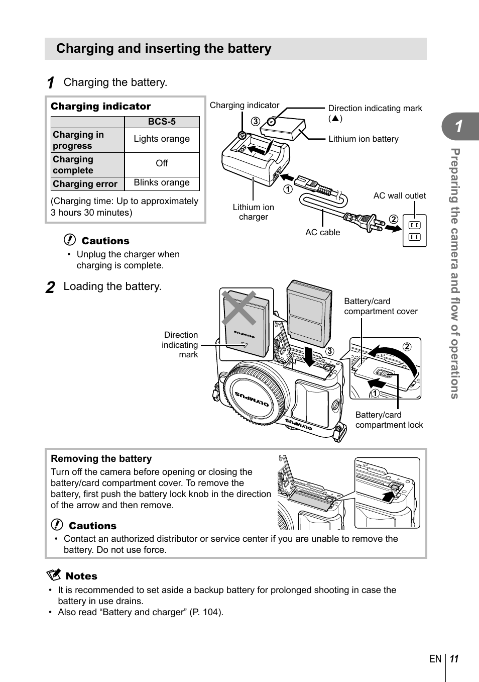 Charging and inserting the battery, Preparing the camera and fl ow of operations | Olympus EPL5 User Manual | Page 11 / 133