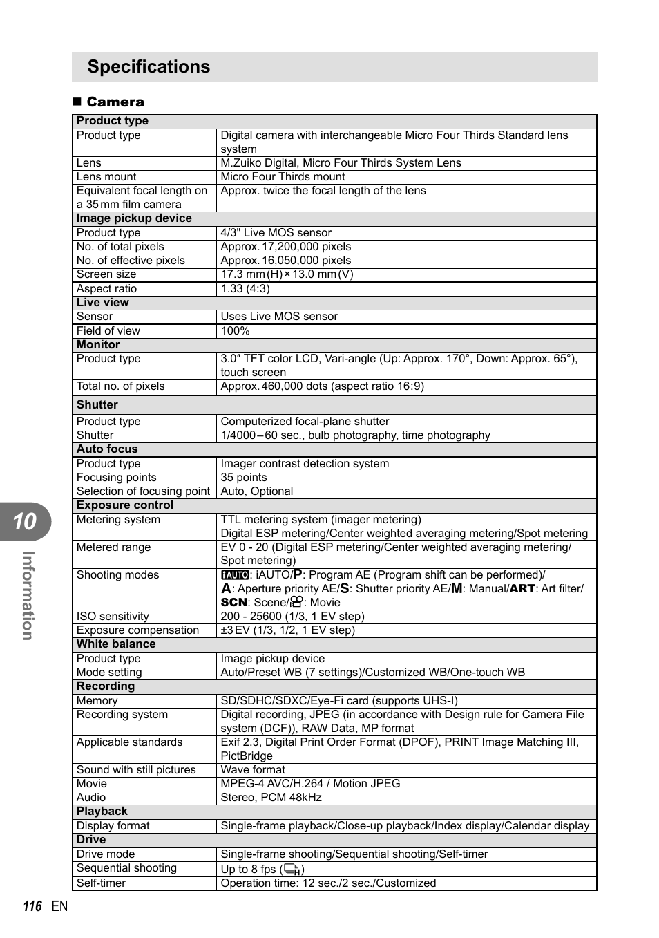 Specifi cations, Information, 116 en | Olympus EPL5 User Manual | Page 116 / 133