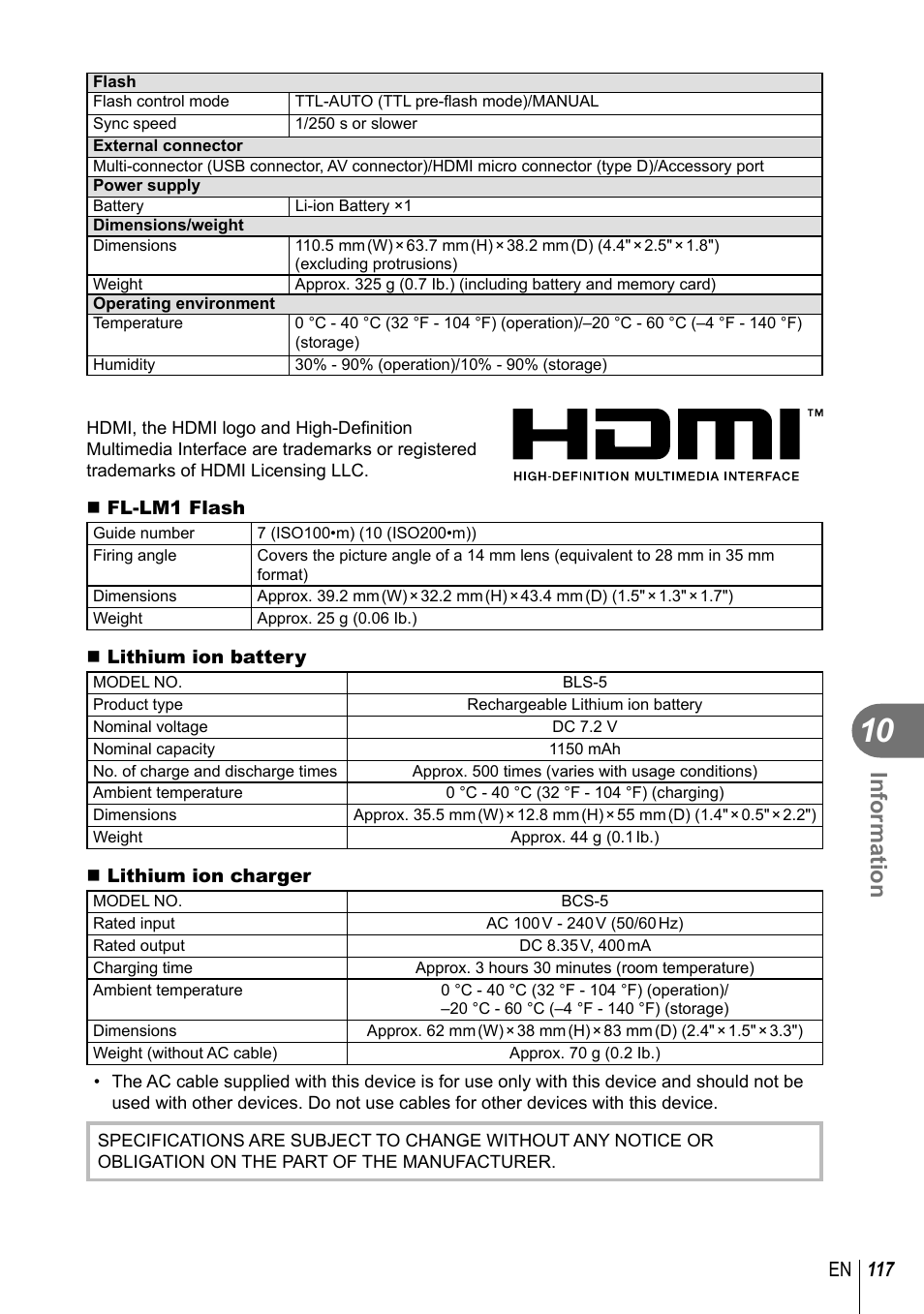 Information, 117 en | Olympus EPL5 User Manual | Page 117 / 133