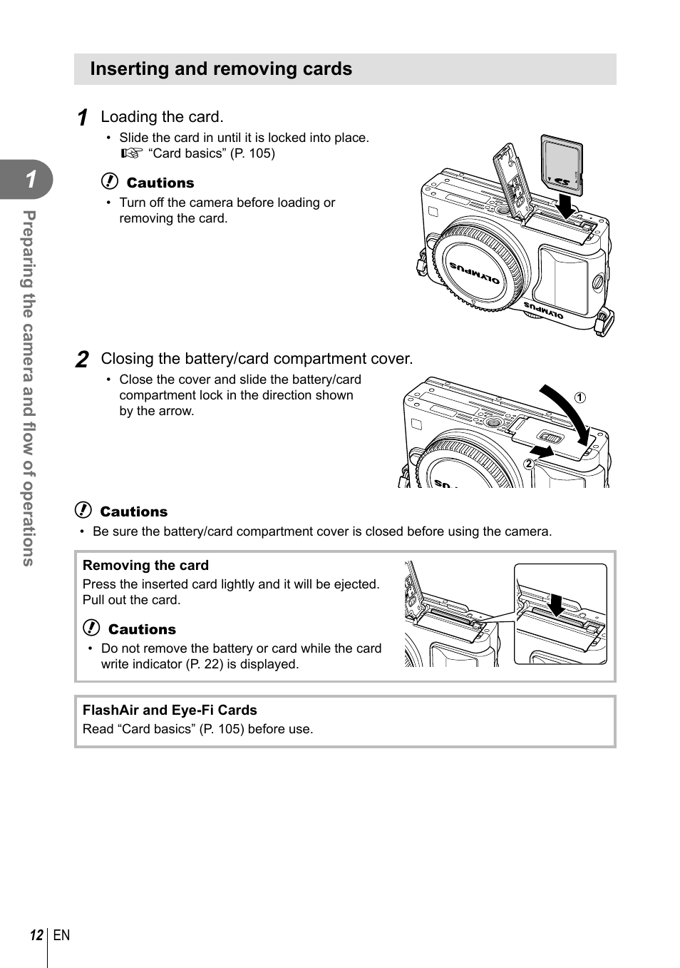 Inserting and removing cards | Olympus EPL5 User Manual | Page 12 / 133