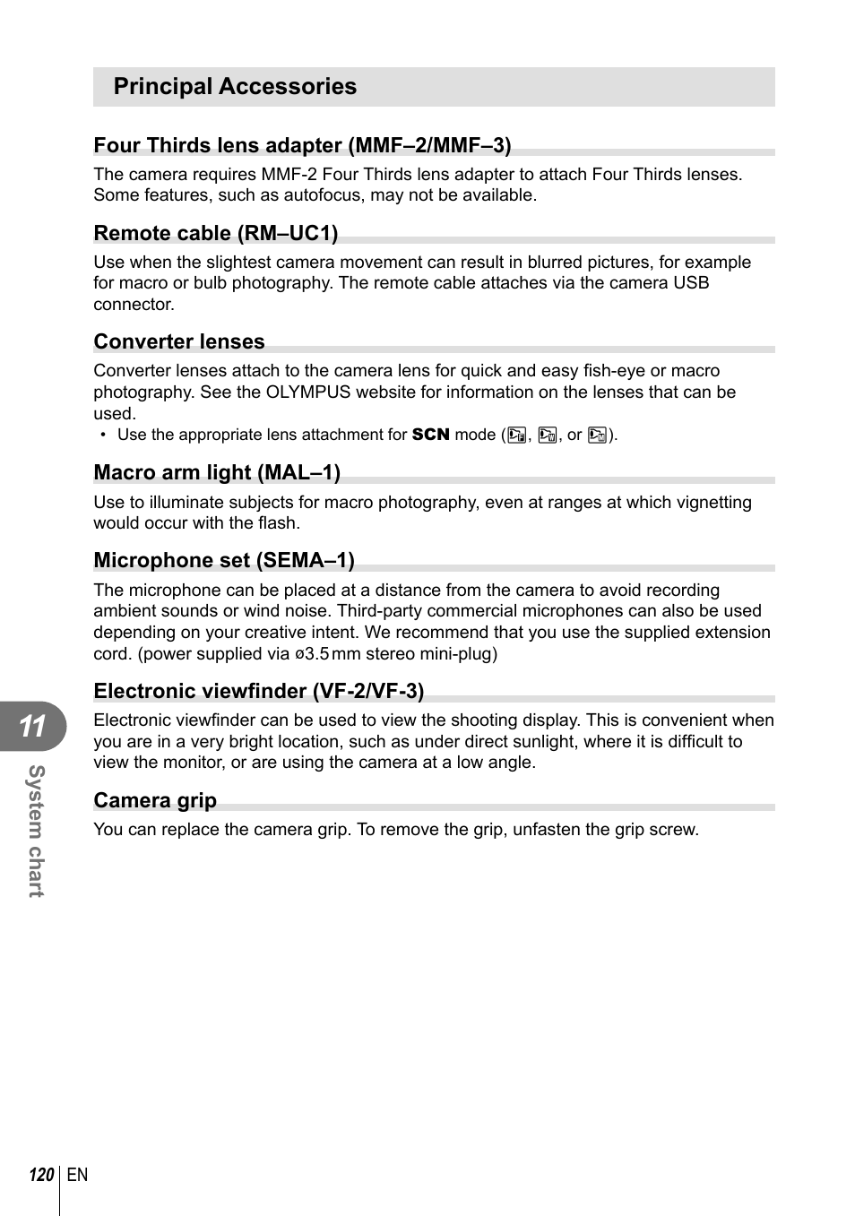 Principal accessories | Olympus EPL5 User Manual | Page 120 / 133