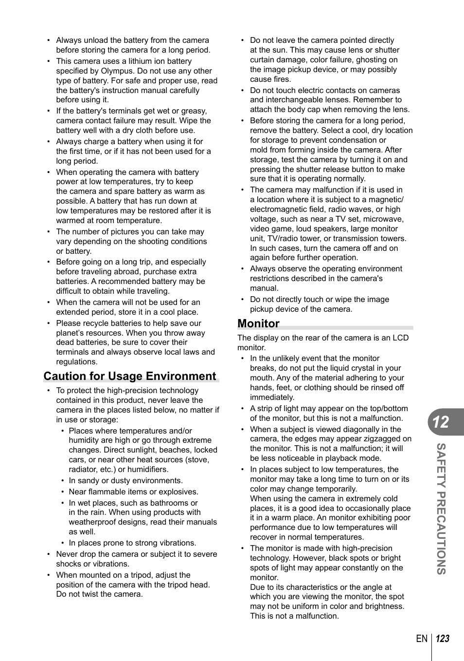 Safety precautions, Caution for usage environment, Monitor | 123 en | Olympus EPL5 User Manual | Page 123 / 133