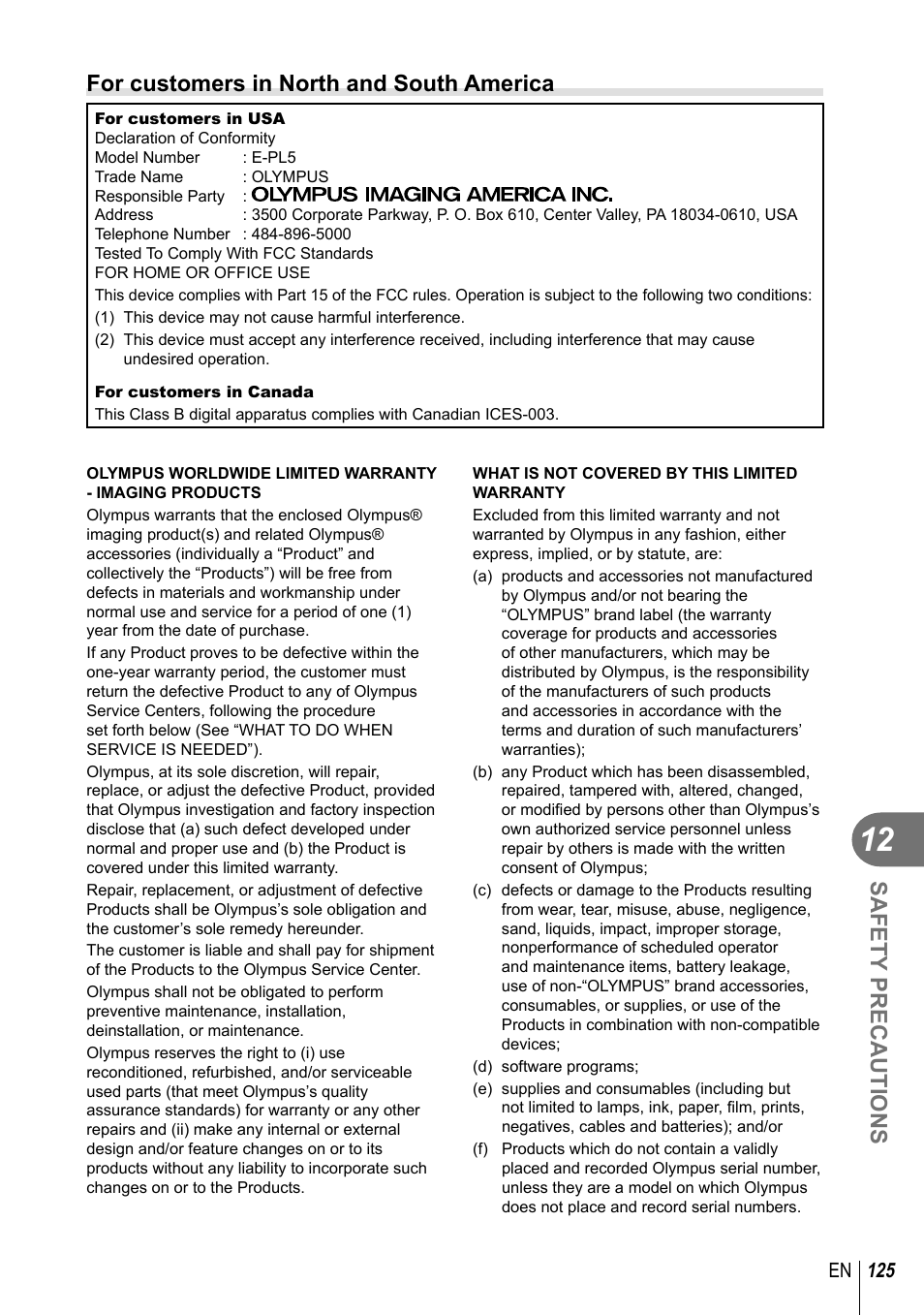 Safety precautions, For customers in north and south america | Olympus EPL5 User Manual | Page 125 / 133