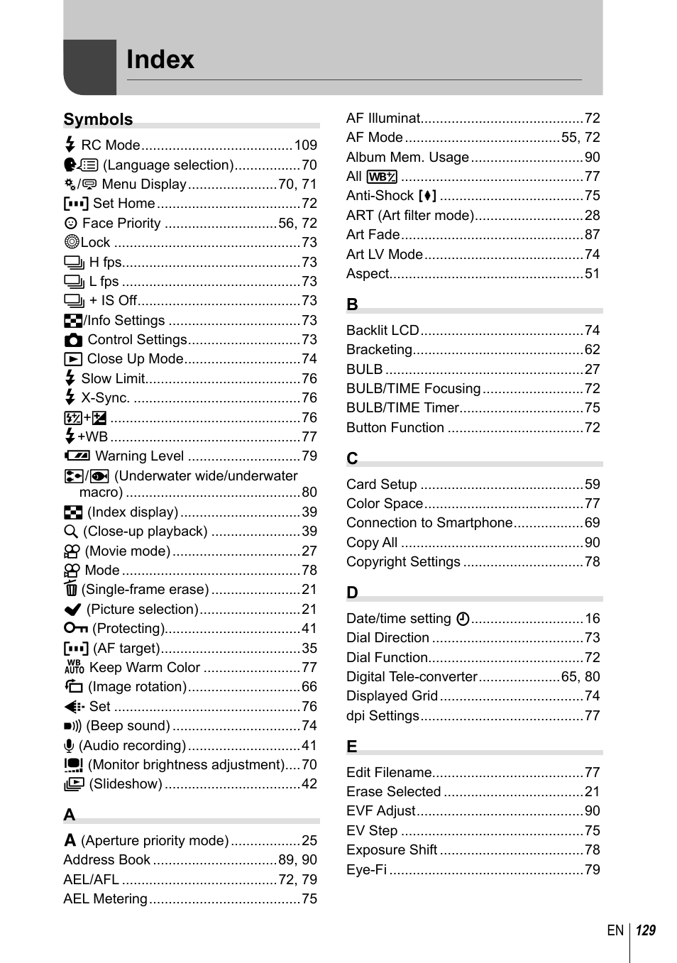 Index | Olympus EPL5 User Manual | Page 129 / 133