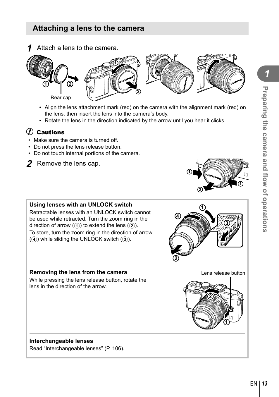 Attaching a lens to the camera | Olympus EPL5 User Manual | Page 13 / 133